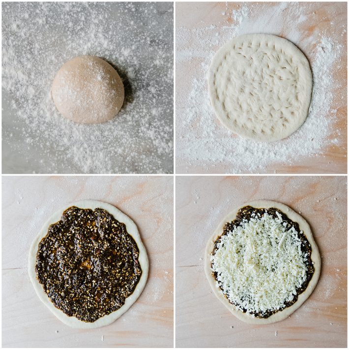 topping the manakish dough with Za'atar and Akawi cheese