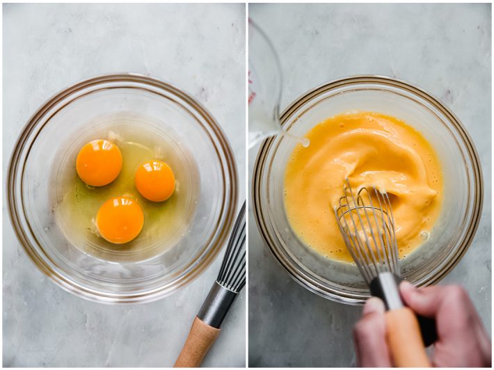 eggs in a bowl and eggs being whisked with lemon juice