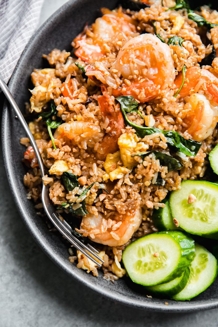 close up of shrimp fried rice with cucumbers