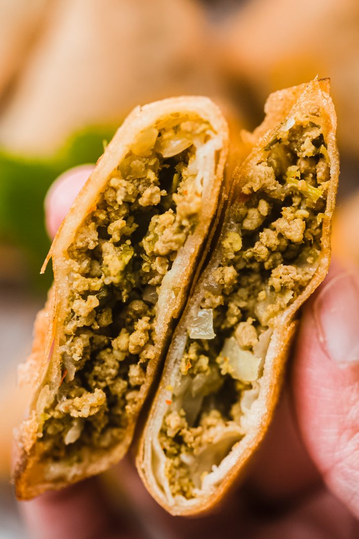 slice open samosa showing ground beef filling