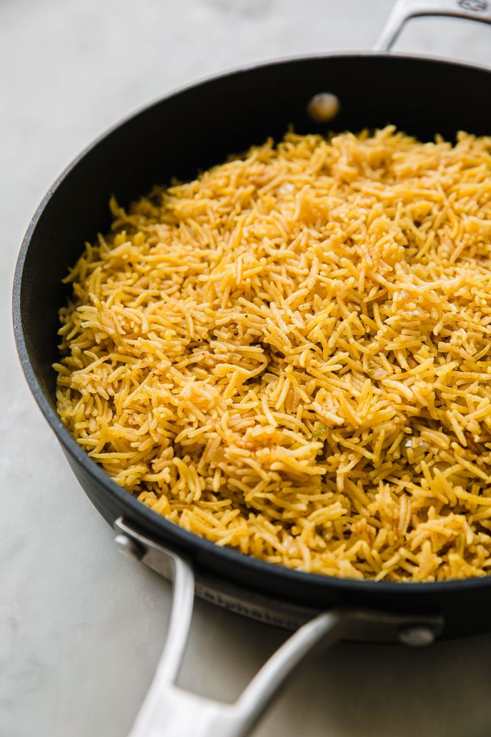fluffy yellow rice in pan