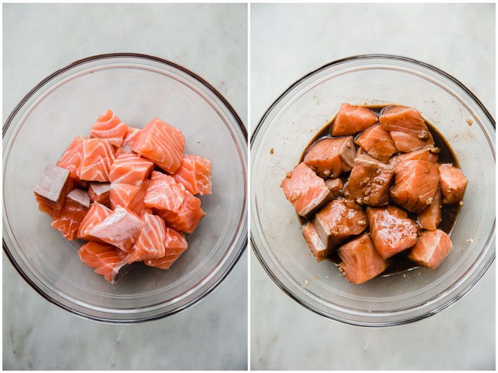 Salmon pieces before and after marinating