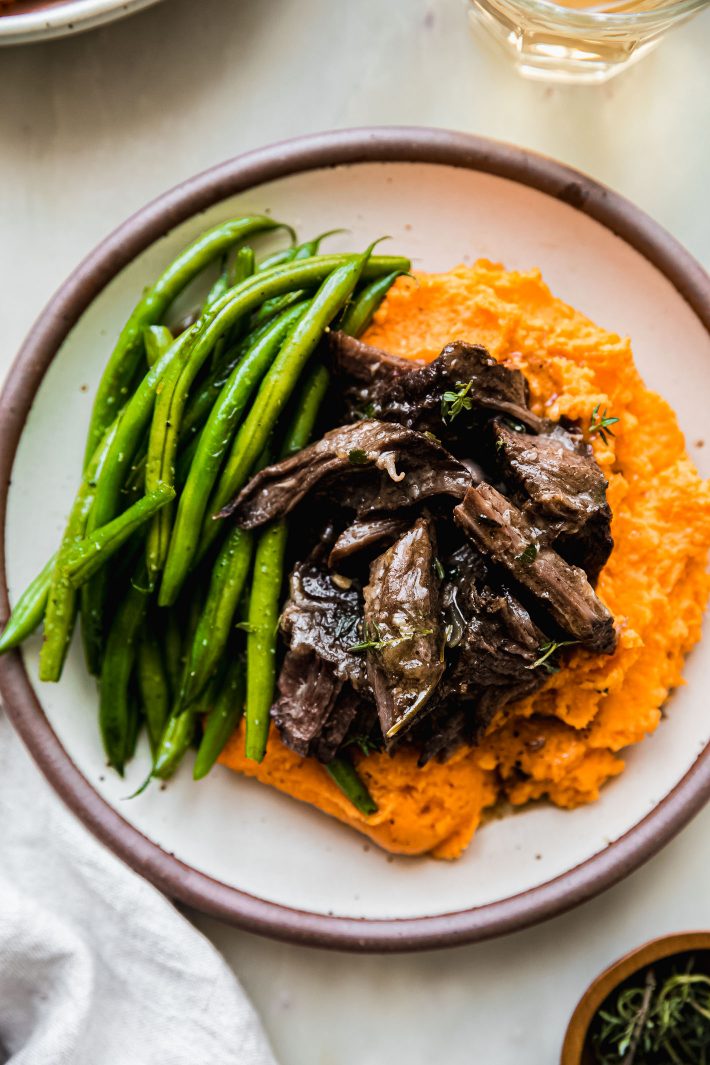 cider pot roast over mashed potatoes with green beans