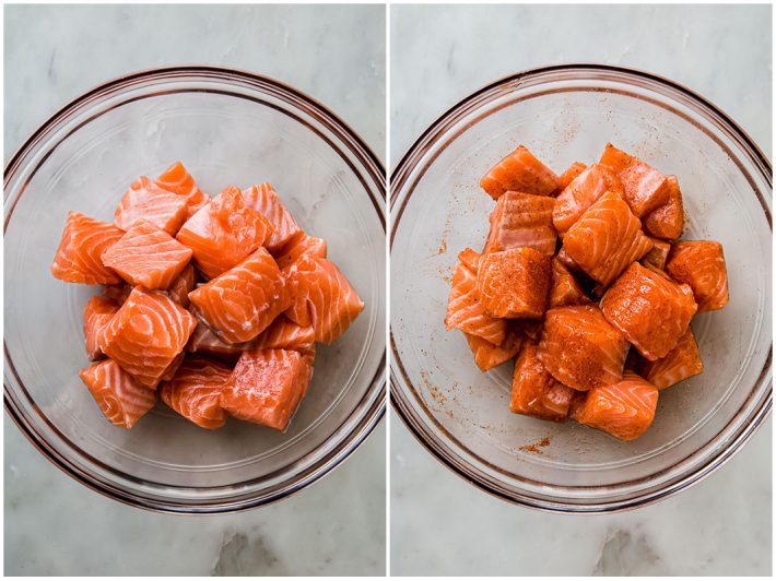 salmon chunks in bowl before and after seasoning
