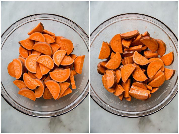 sweet potatoes in bowl before and after seasoning