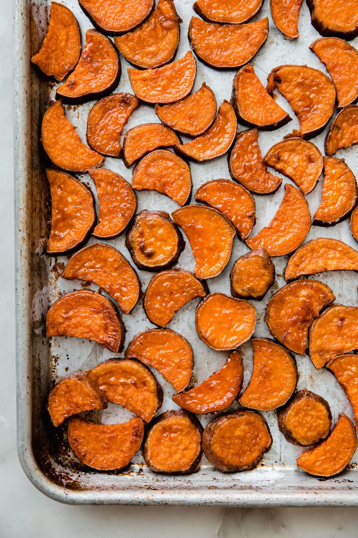 sweet potatoes on sheet pan