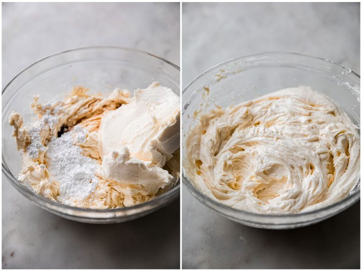 whipped cream cheese layer in clear bowl