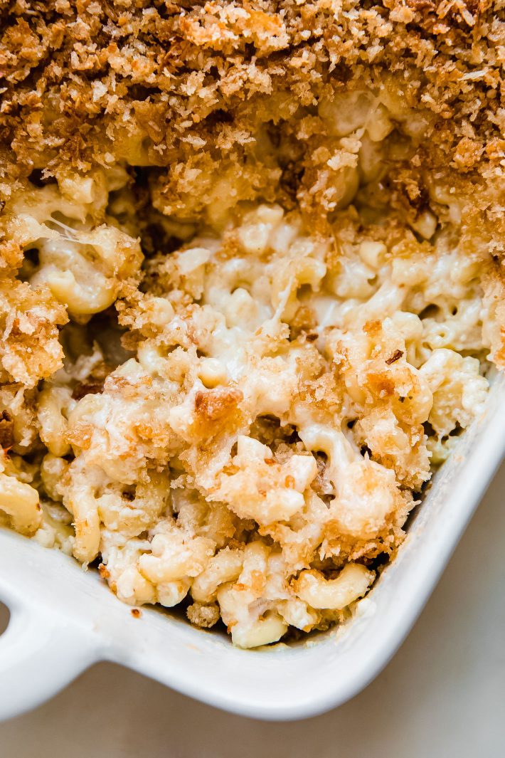 baked gruyere mac and cheese in casserole dish