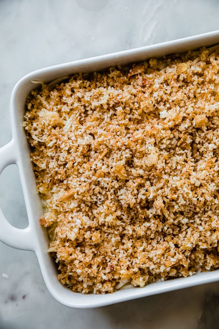 Mac and cheese in casserole dish before baking