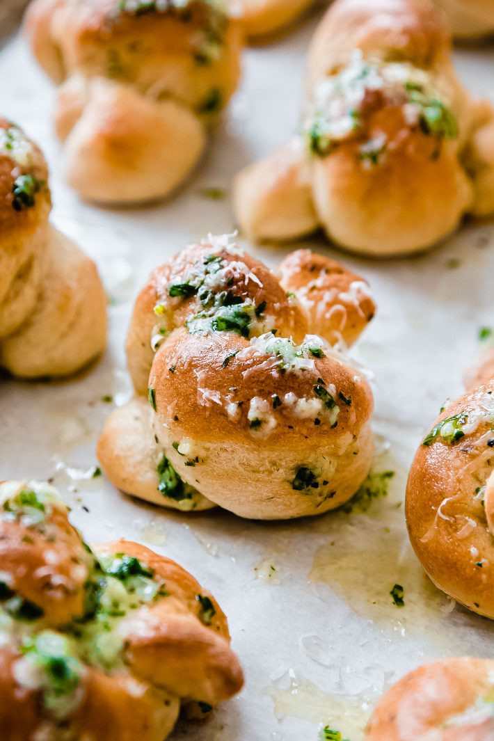 Garlic butter brushed knots with parsley and parmesan