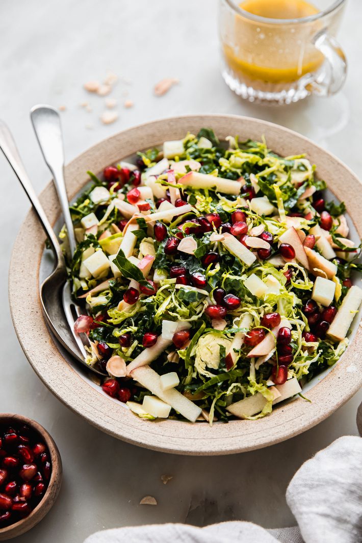 shaved brussels sprout salad in bowl