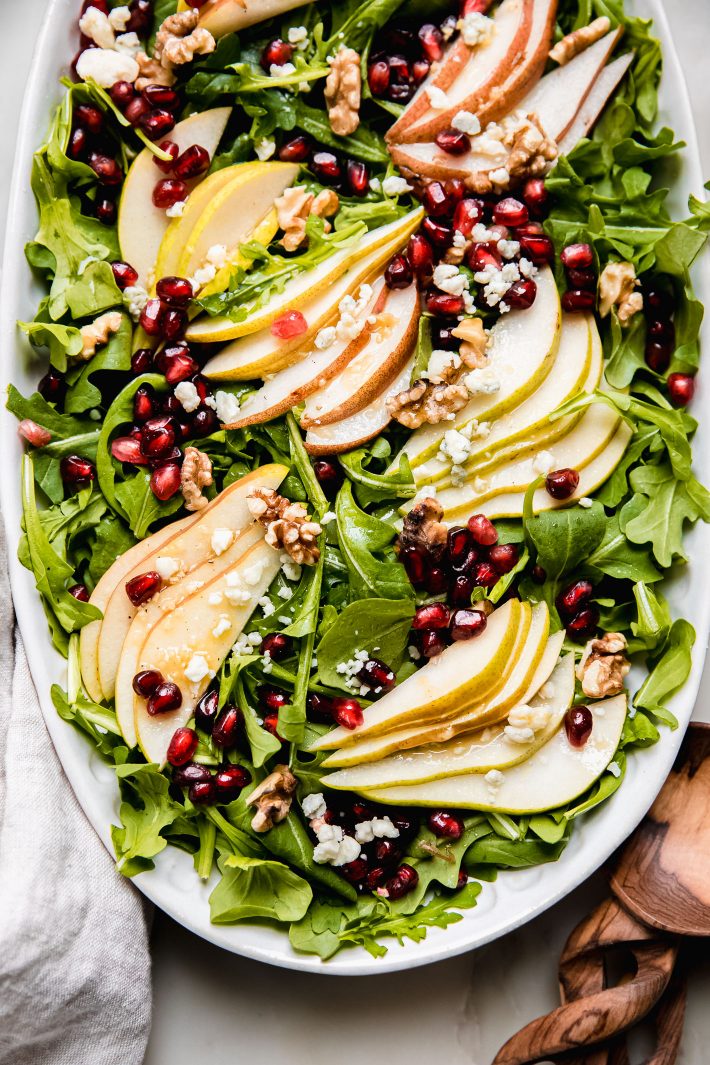 pear and walnut salad with gorgonzola on platter