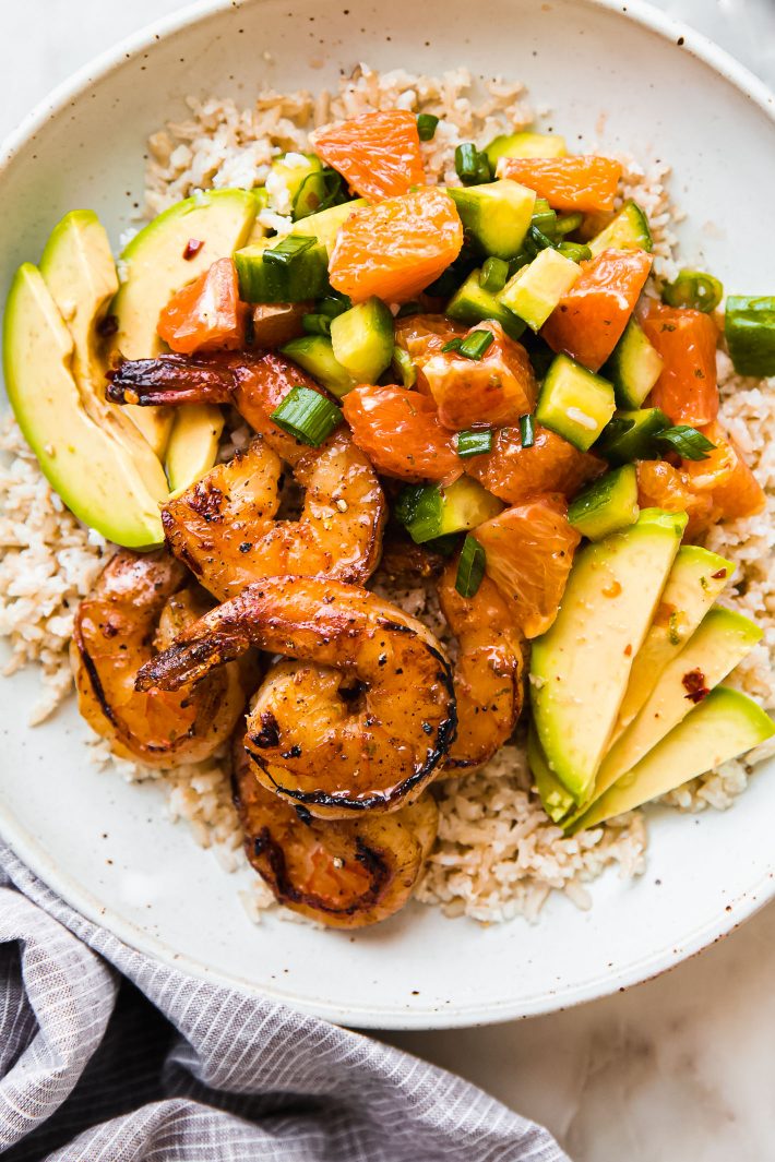 shrimp rice bowls with orange salad and avocados