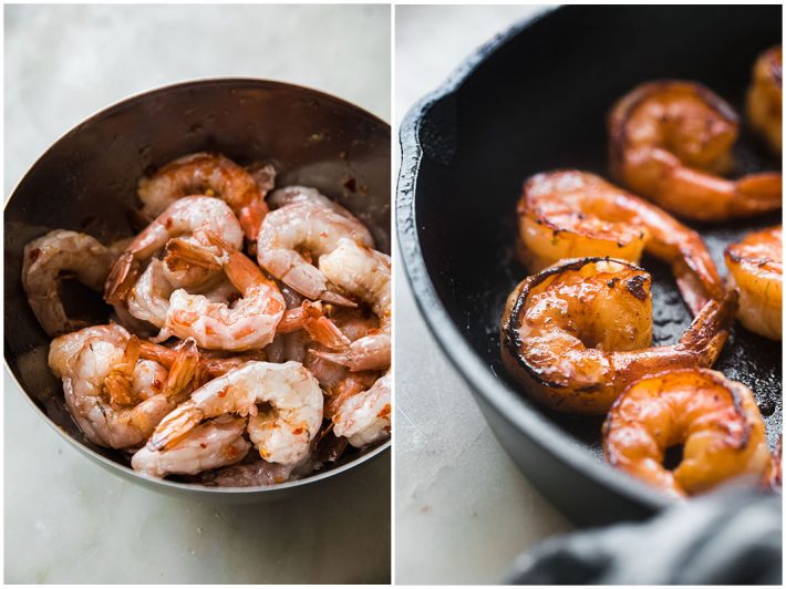 marinated and cooked shrimp in skillet