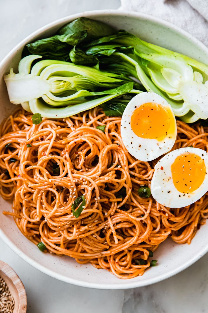 gochujang noodles with soft boiled eggs and bok choy