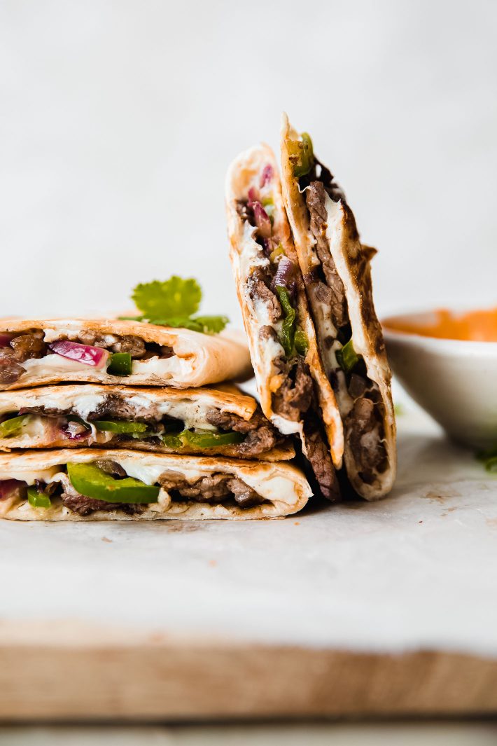 chipotles steak quesadillas stacked and standing