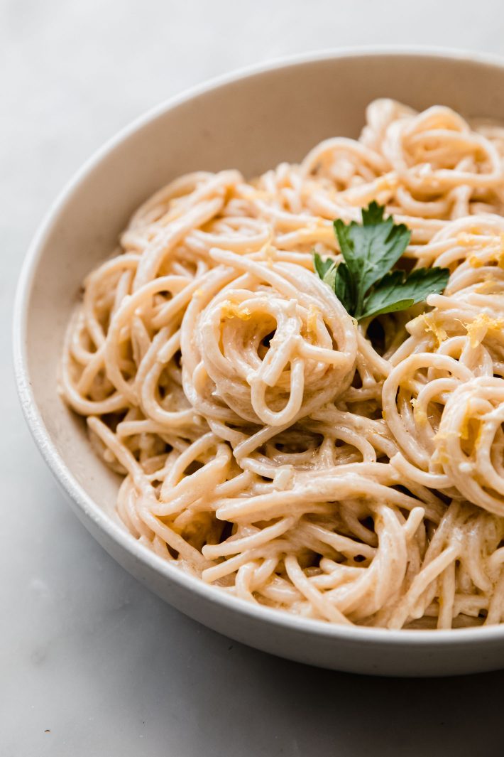 pasta al limone in bowl with parsley