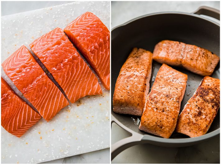 salmon filets on cutting board and cooked salmon in skillet