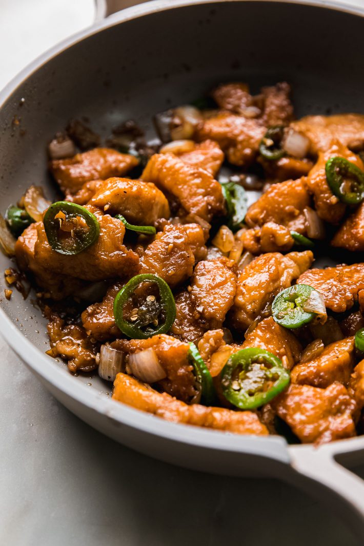 crispy Chinese jalapeño chicken in pan