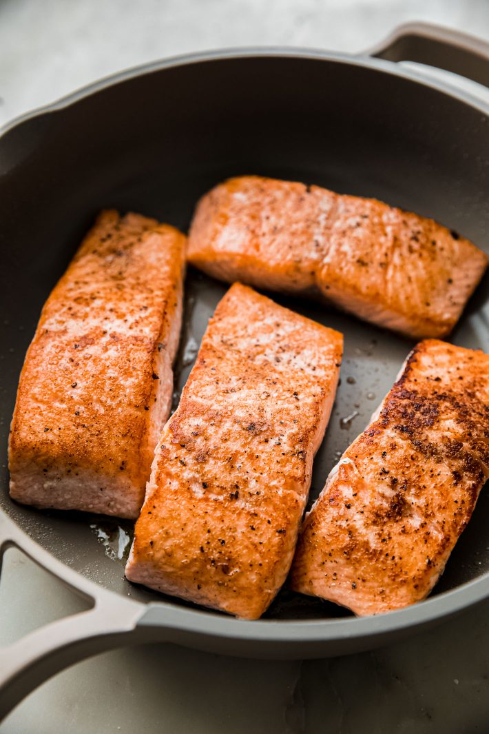 cooked salmon in pan