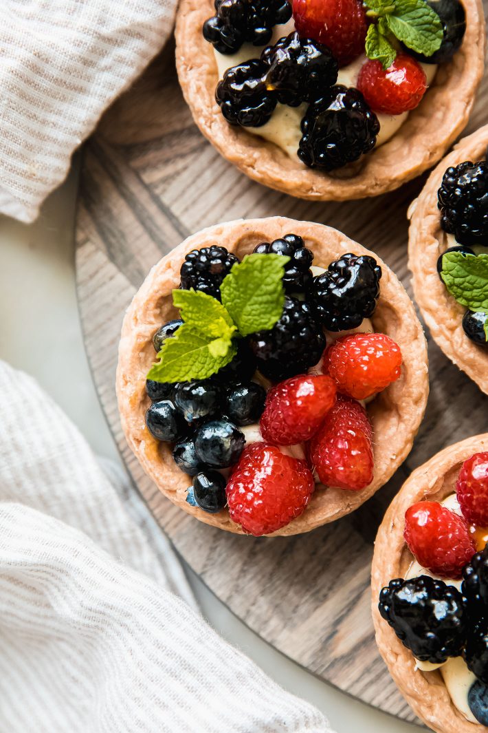 close up or tart topped with mint sprig, raspberries, blueberries, and blackberries