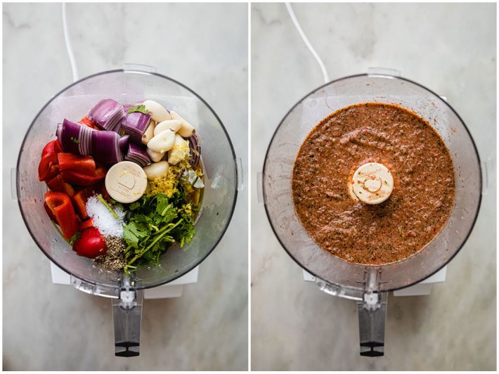 homemade peri peri sauce in food processor before and after