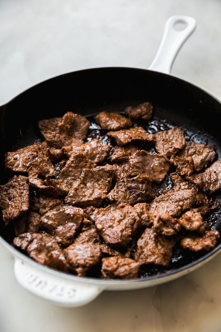 Cooked steak in pan