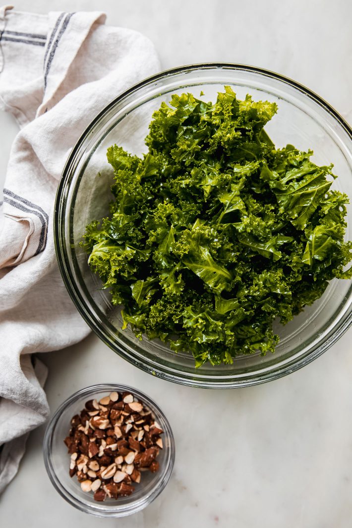 dressed kale with chopped roasted almonds