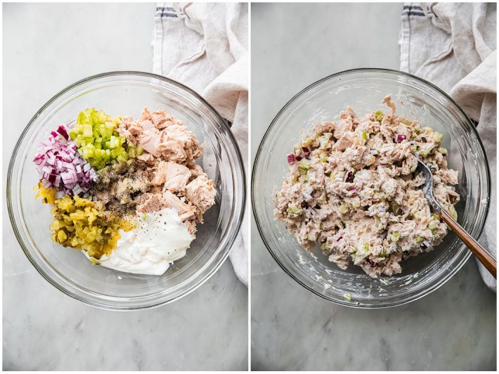tuna salad mixed in bowl