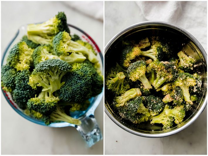 broccoli before and after tossing with seasonings