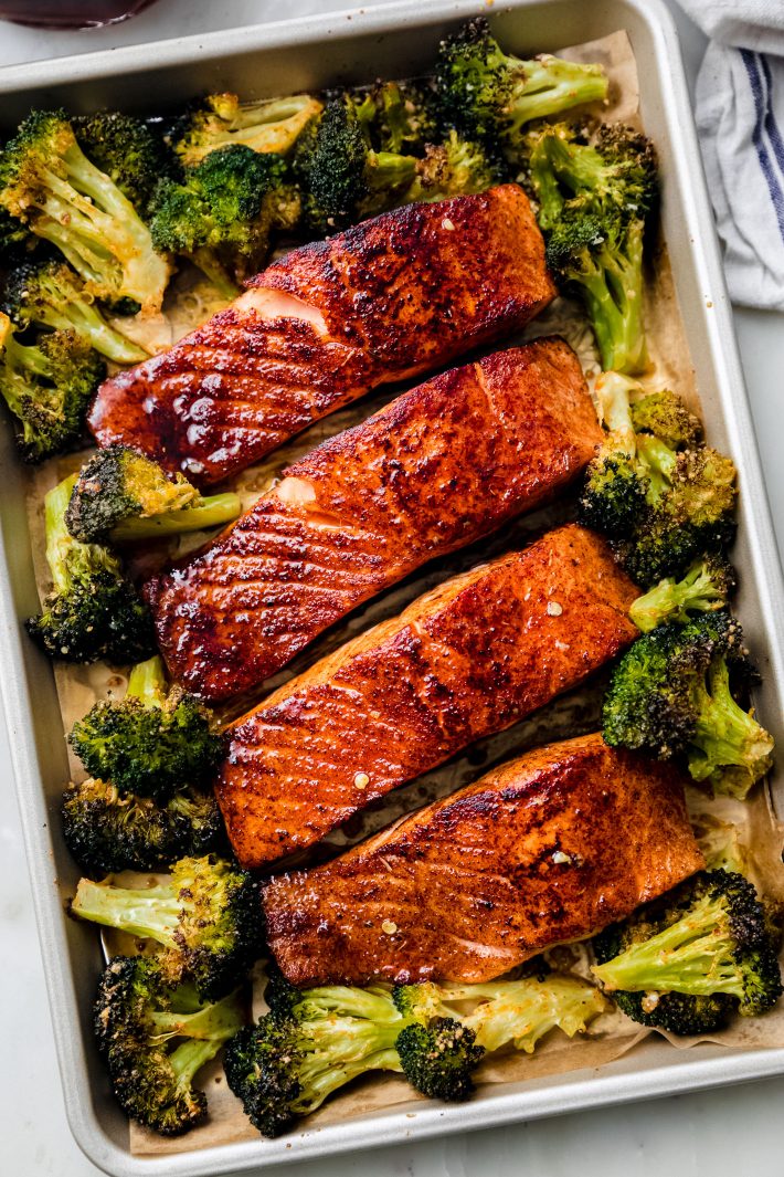 hot honey salmon and broccoli on sheet pan