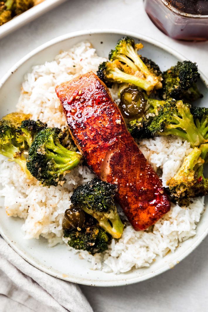 blackened hot honey salmon with rice and roasted broccoli