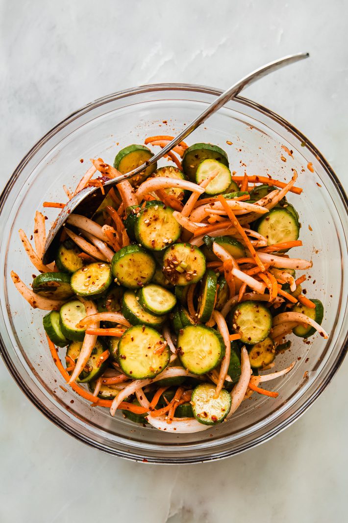 spicy cucucumber salad in bowl