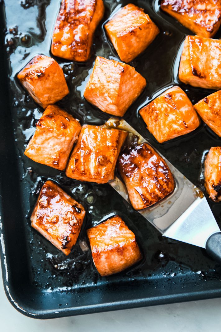 prepared broiled honey salmon on baking sheet
