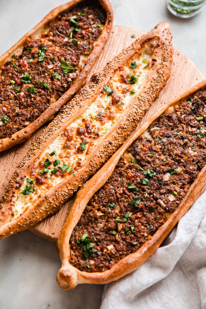 prepare Turkish flatbread on cutting board