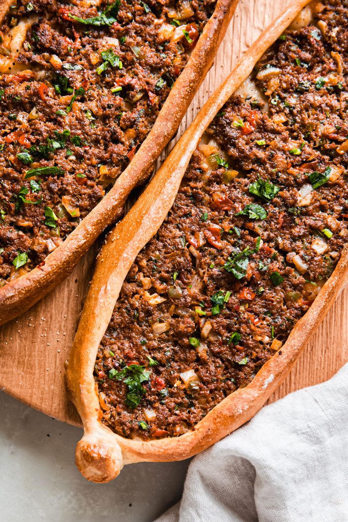 prepared Turkish flatbread on cutting board