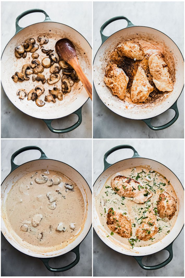 process pictures of sautéed mushrooms, seared chicken, cream sauce, and the finished dish